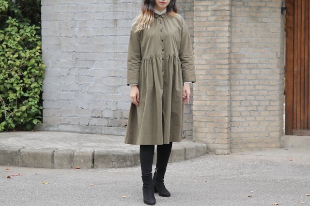 コットン生地 前開きハイウェスト長袖ワンピース&コート ♪Olivegreen♪の画像1枚目