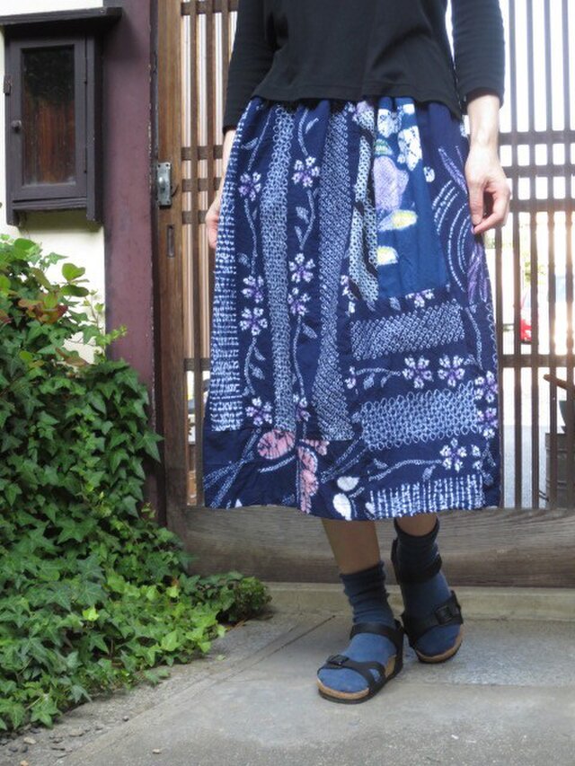 名残りの浴衣スカート☆藍色絞り5種類で大人なパッチ♪73㎝丈