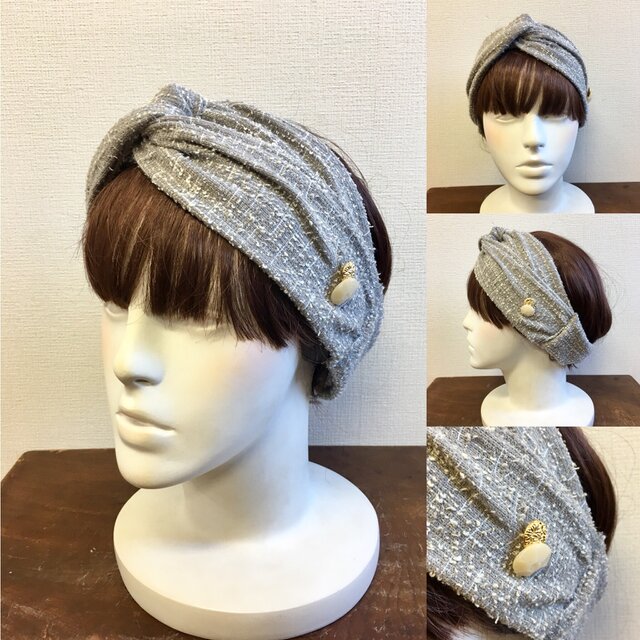 大人ツイード❤️ボタン付きねじりヘアバンド グレー(サイズ M〜 L)の画像1枚目