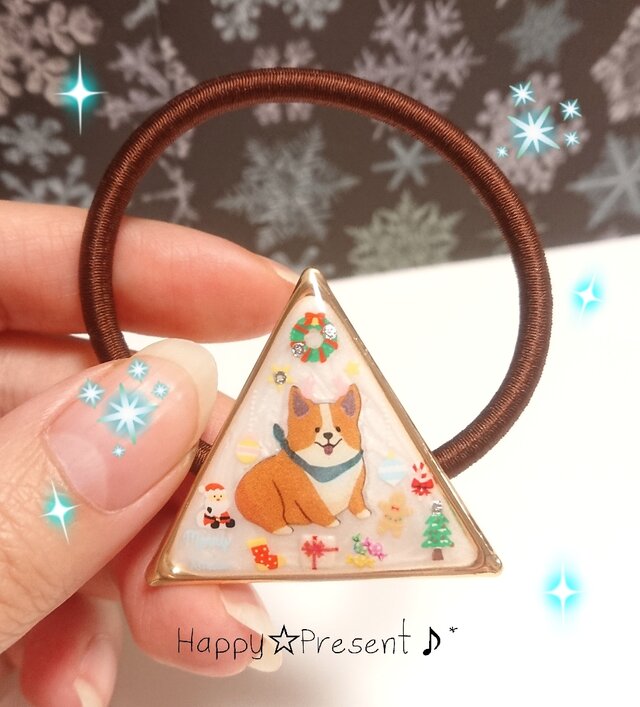 大人可愛いコーギーのXmas❄️さんかくヘアゴム❤️✨ 送料無料 限定 犬 冬 プレゼント ラッピングの画像1枚目