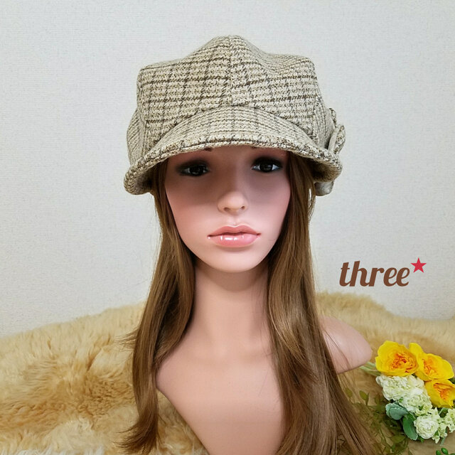 ゆったり サイズ バタフライ☆リボン キャスケット ベージュ チェックの画像1枚目