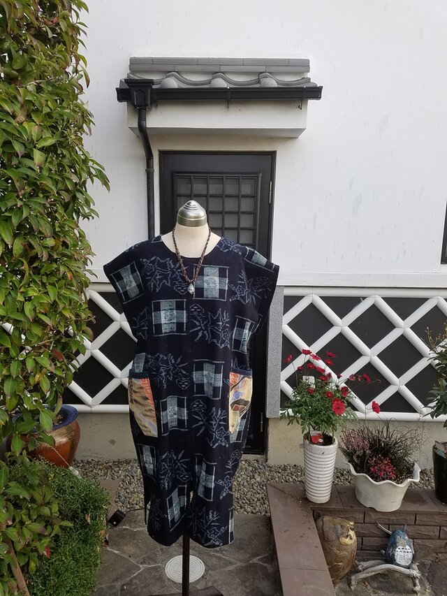 着物リメイク　手作り　　絵がすり　チュニック