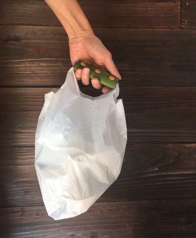 送料無料 牛革 グリーン ハンドルカバー エコバッグ コンビニ袋の画像1枚目