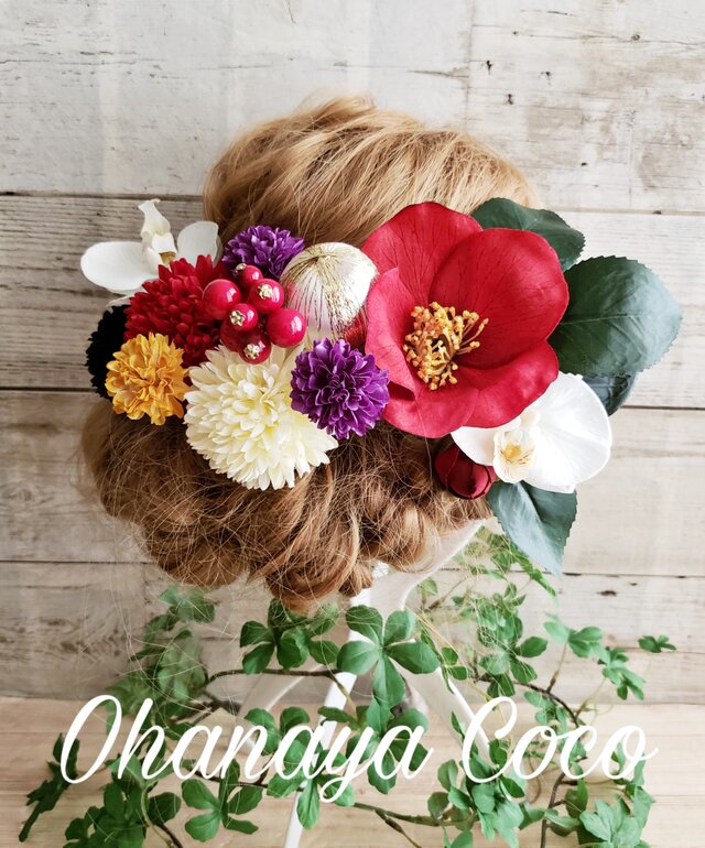 花雅 江戸椿と金糸ボールの髪飾り12点Set No348