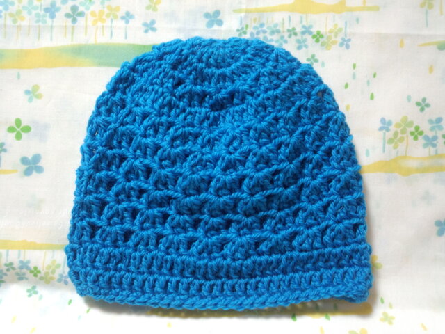 ☆手縫い屋☆ウール100％編み編み帽子☆シェル編み模様☆47㎝~☆青空色