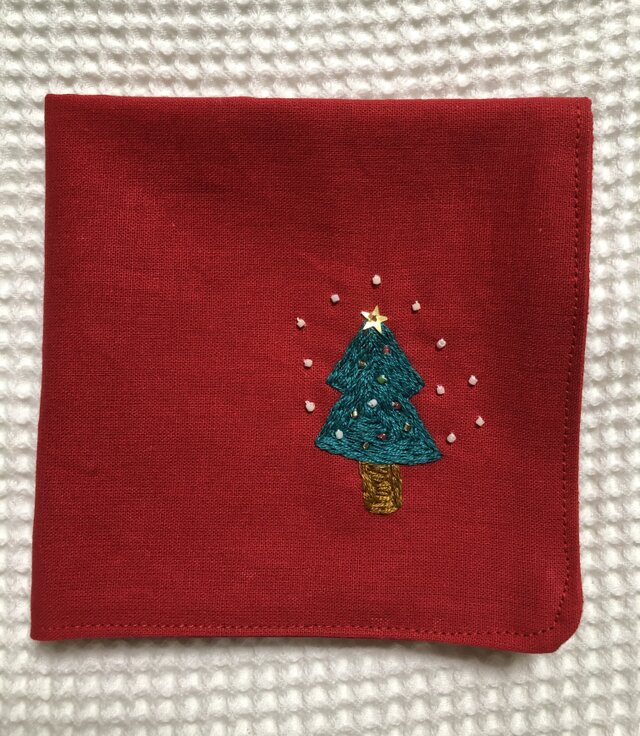 コットンの刺繍ハンカチ☆ホワイトクリスマスの画像1枚目