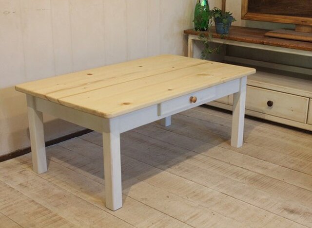 ハンドメイド ホワイトシャビーな1ドロワローテーブル120 シャビーな1