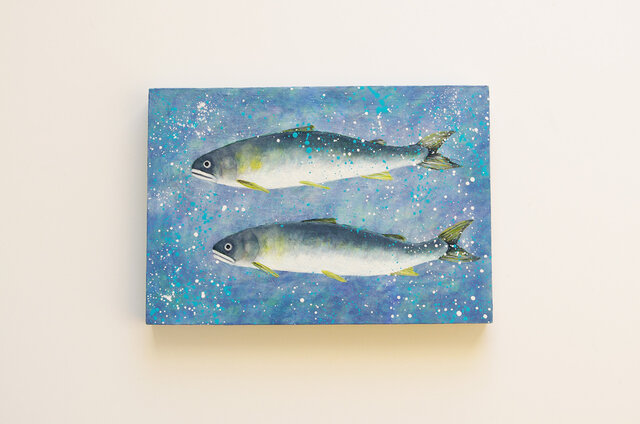 油絵 原画「清流」ＳＭサイズ 鮎 あゆ 魚 川