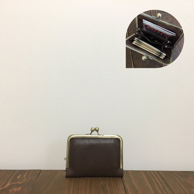 上質牛革 仕切り miniがま口財布◆お札2つ折りタイプ 焦げ茶の画像1枚目
