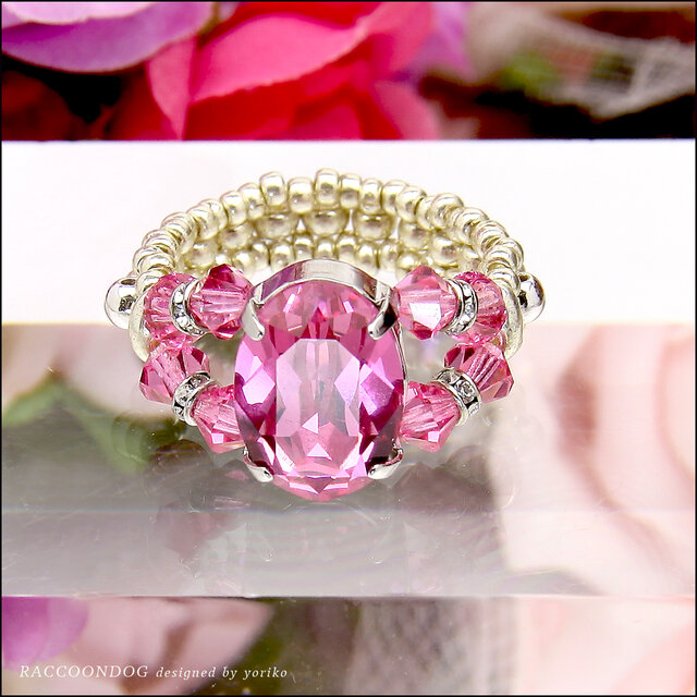 希少　スワロフスキー　広島ビーズ　指輪　リング　ピンク　ピーチ　ビーズ　ローズ 希少 スワロフスキー 広島ビーズ 指輪 リング ピンク ピーチ ビーズ