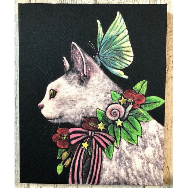 星月猫☆アート「白猫」絵画 F3 複製画 木製パネル貼り27.3cmｘ22cm