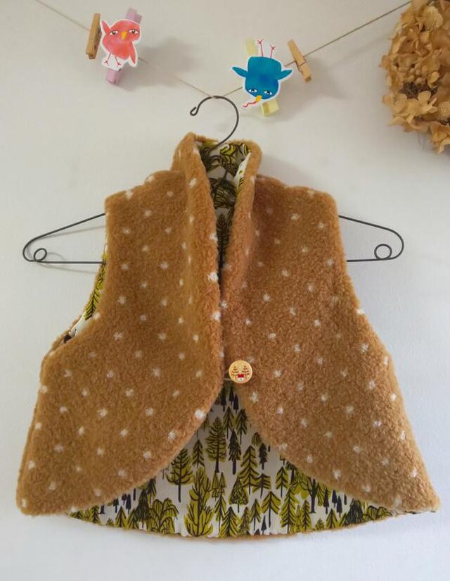 【sale!】【size100】もこふわファーベスト*水玉/ドット/キャメル*コーデュロイ/アイボリーの画像1枚目