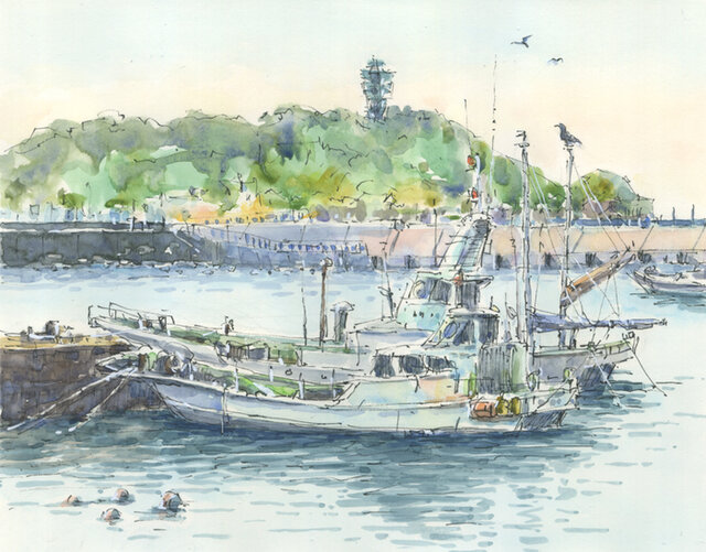 絵画「漁港～ エビ網を干す」　水彩画 水彩画「漁港－エビ網を干す」 風景画