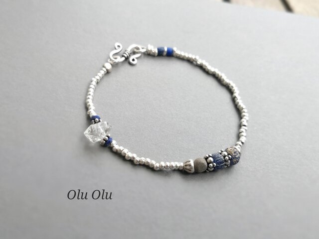 ローマングラス&ダブルポイントクォーツ&カレンシルバーのブレスレットの画像1枚目