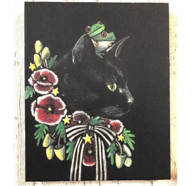 星月猫☆アート「黒猫」絵画 F3 複製画 木製パネル貼り27.3cmｘ22cm 
