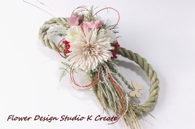 2019年☆お正月飾り★スパイダーマムとピンクの薔薇の八の字しめ縄の画像1枚目
