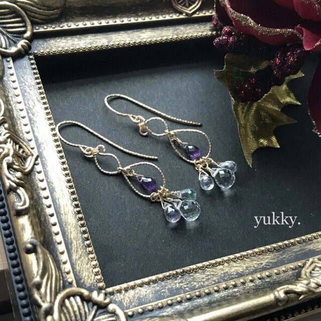 宝石質クリスタル＊アメジスト･ミスティックトパーズ♪グリッターデザイン14kgfピアス