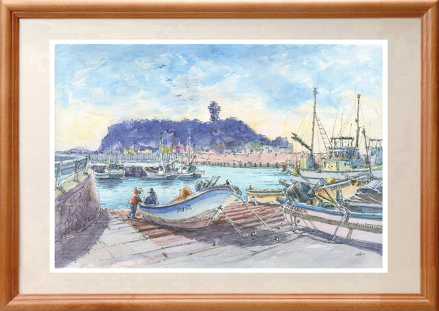 注文制作します 水彩画原画 江の島と腰越漁港 B | iichi 日々の暮らし
