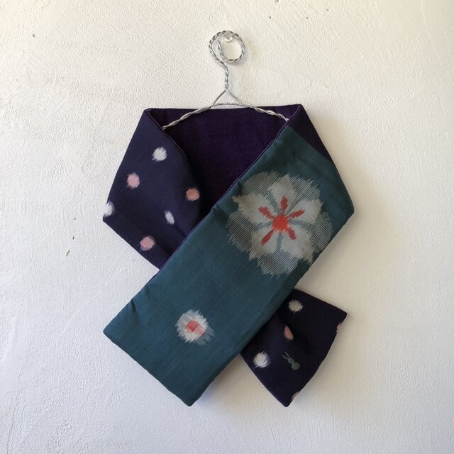 銘仙×別珍の小さな襟巻き267（紫）ストール ネックウォーマー プチマフラー リバーシブル