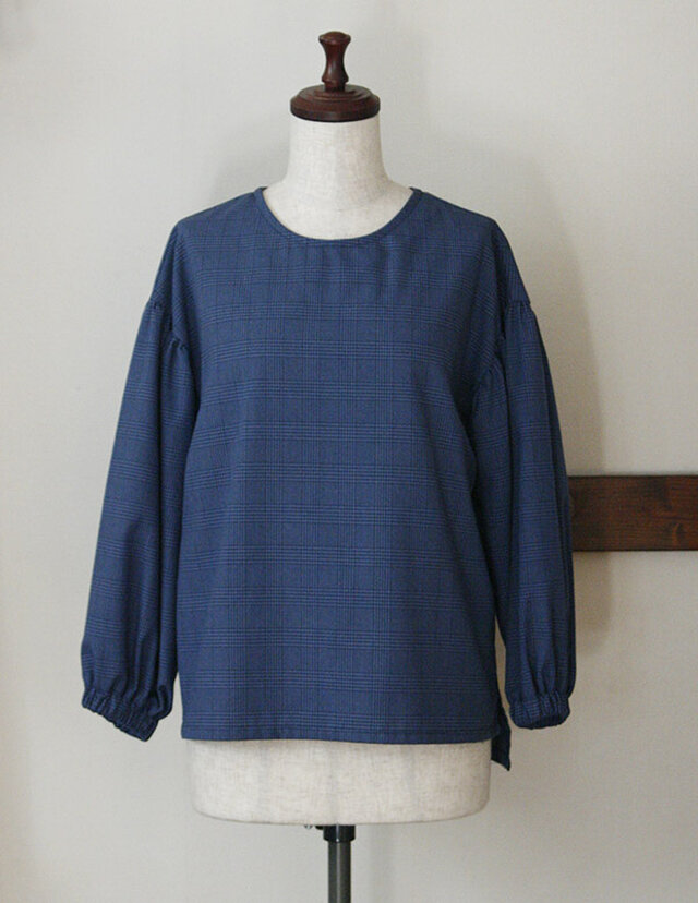【sale】ボリューム袖のブラウス ブルー グレンチェック(M)の画像1枚目