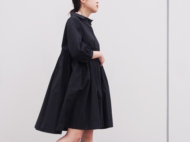 綿100 シャツワンピース ウエストギャザー 黒 Iichi ハンドメイド クラフト作品 手仕事品の通販