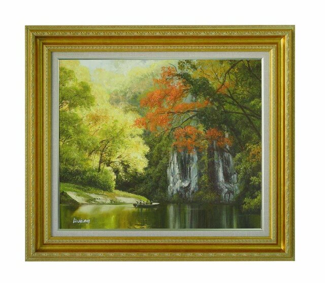 肉筆 手書き 油絵 縁起物 開運 縁起モノ 額装付き 運気アップ 新品 秋の風景 滝 滝の絵 秋の絵 絵画の画像1枚目