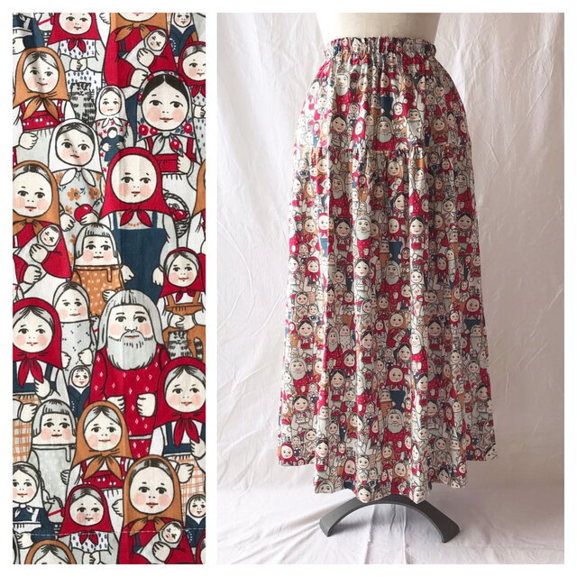 85cm丈：マトリョーシカぎっしりのティアードスカート（レッド×グレー）