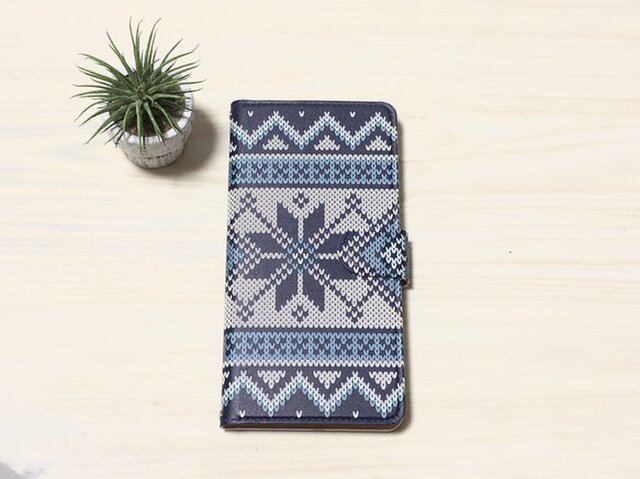 全機種対応 カメラ穴も対応☆iPhone/experia/galaxy他スマホケース ニット柄ブルーの画像1枚目