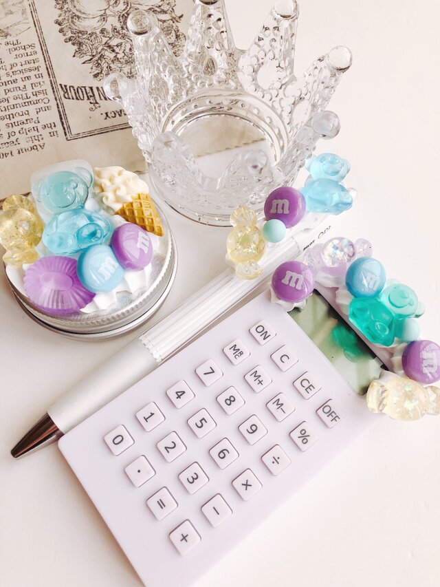 お菓子の3点セット 電卓&ボールペン&アルミ缶 フェイクスイーツの画像1枚目