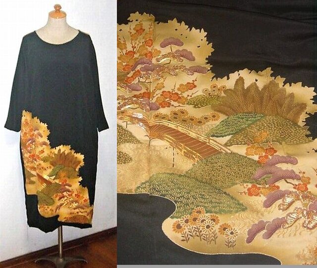 着物リメイク♪梅・松・花模様が素敵なアンティークの留袖ゆったりワンピース♪ハンドメイド♪の画像1枚目