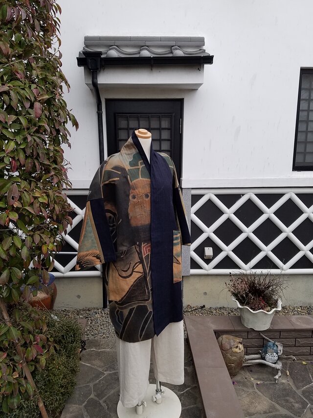 着物リメイク　手作り　柿渋旗、藍無地　コート