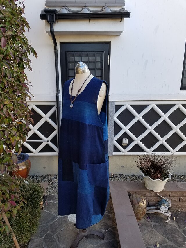 着物リメイク ハンドメイド 藍の濃淡、BORO ランル ジャンパースカート-
