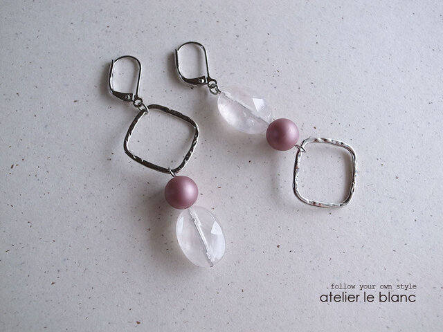 airly mauve ~ ローズクォーツのアシンメトリーピアスの画像1枚目