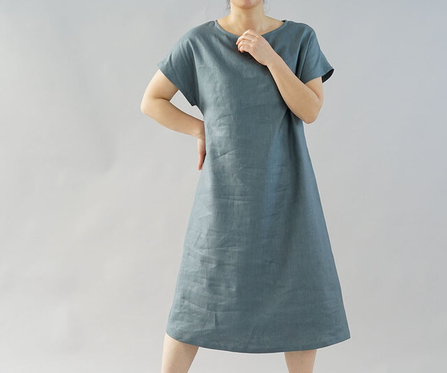 【wafu】中厚 リネン ワンピース フレンチスリーブ ドレス 膝下丈 ビックTシャツ / エタインブルー a041h-ebn2の画像1枚目