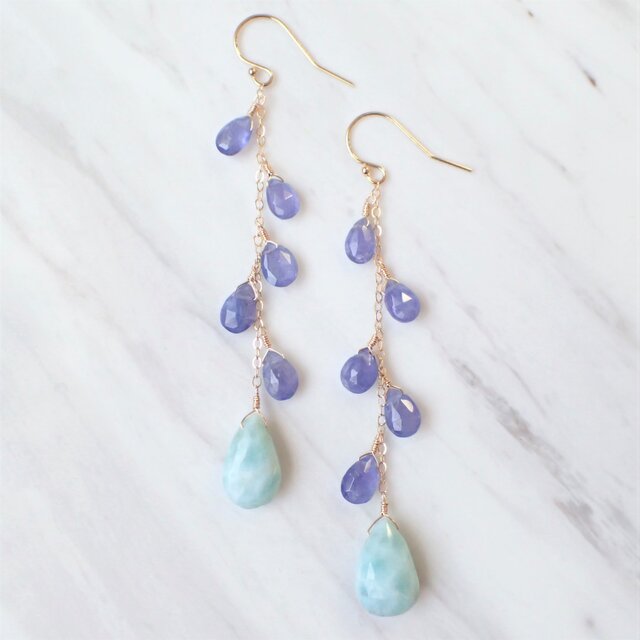 K14GF tanzanite & larimar drop pierceの画像1枚目