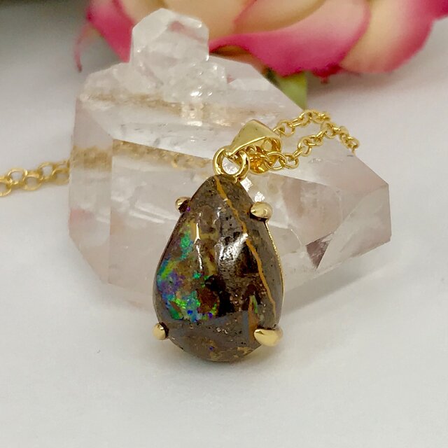 天然ボルダーオパールネックレス5.08ct☆ オーストラリア・ヤワー産の原石から磨きました!送料無料の画像1枚目