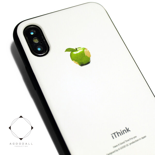 iphoneXSMAXケース / iphoneXSMAXカバー レザーケースカバー（オフホワイト)青リンゴ シンプル XsMAX