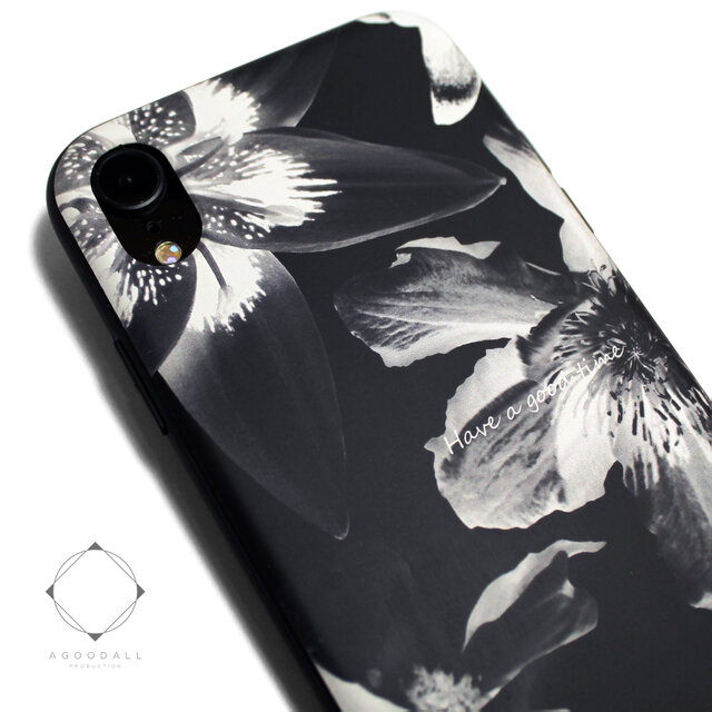 iphoneXRケース / iphoneXRカバー レザーケースカバー(花柄×ブラック)ブラックフラワー / XRの画像1枚目