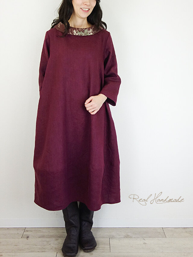 予約販売 ヨーロッパバーガンディリネンロールネックバルーンワンピース Iichi ハンドメイド クラフト作品 手仕事品の通販