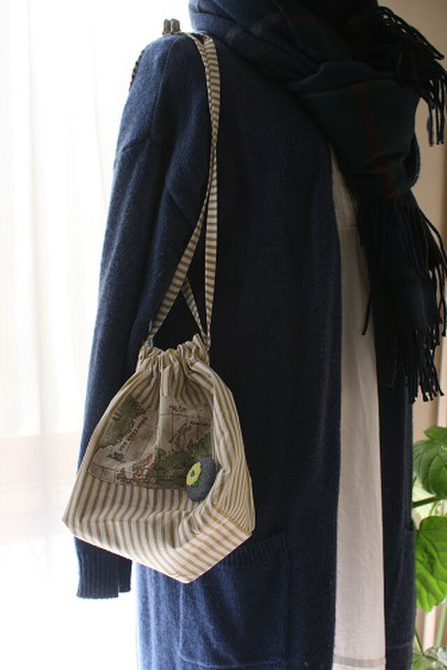 きんちゃくBAG(カフェオレストライプ)の画像1枚目