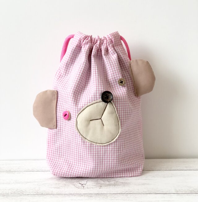 おとぼけクマの巾着袋☆pinkの画像1枚目