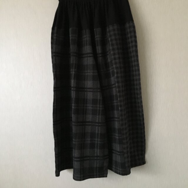 カットソー切替大小チェックサルエルパンツ 杢グレー×黒Fの画像1枚目