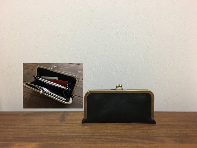 上質牛革がま口長財布◆ファスナー 黒の画像1枚目