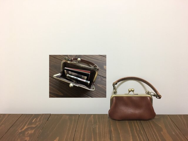 姫路レザー miniがま口ポーチ◆焦げ茶の画像1枚目