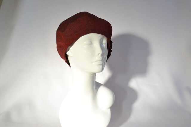 受注制作】着物地お花ベレー帽：えんじ・手織り紬 着物リメイク／国内