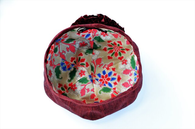 受注制作】着物地お花ベレー帽：えんじ・手織り紬 着物リメイク／国内