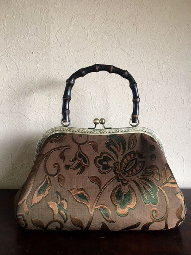 花唐草模様袋帯の竹の手がま口手提げ　【再出品です。】