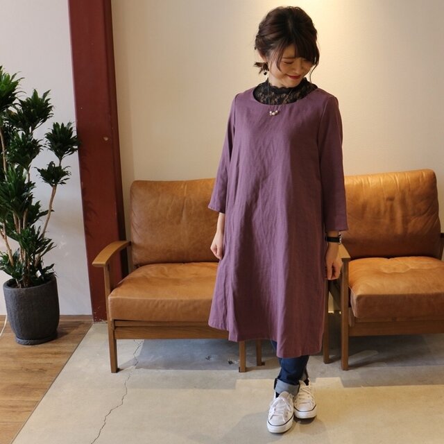 【受注生産】立体裁断で魅せる、ダブルガーゼお仕立てのAラインチュニックワンピース〝大人のWガーゼ・パープルスウィート〟の画像1枚目