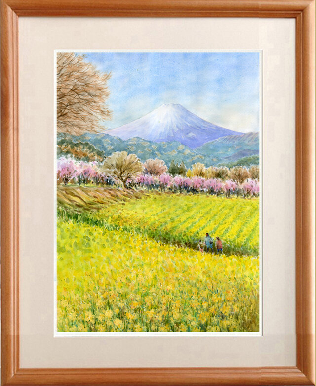 水彩画原画 富士山と春景色の画像1枚目