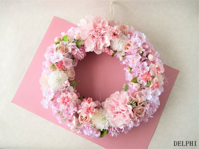 華やか桜色のリース【アーティフィシャルフラワー】ご結婚祝い 開店